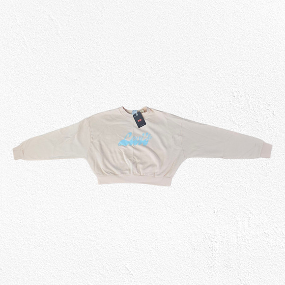 Levi's Peach Pink Graphic Logo Cropped Crewneck Pullover Sweatshirt Size Medium - Picture 3 of 9
